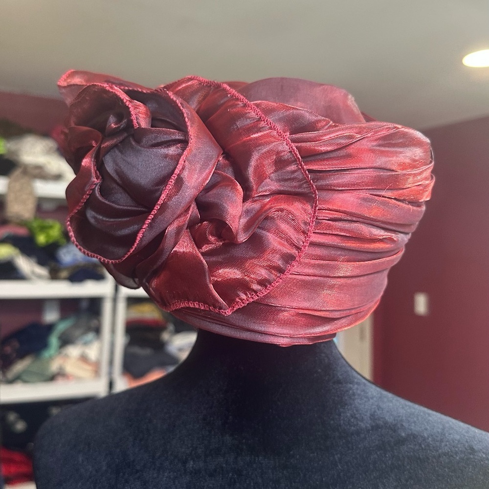 Vintage Burgundy Satin Turban Hat Rose Detail Statement Church Derby - Picture 2 of 13